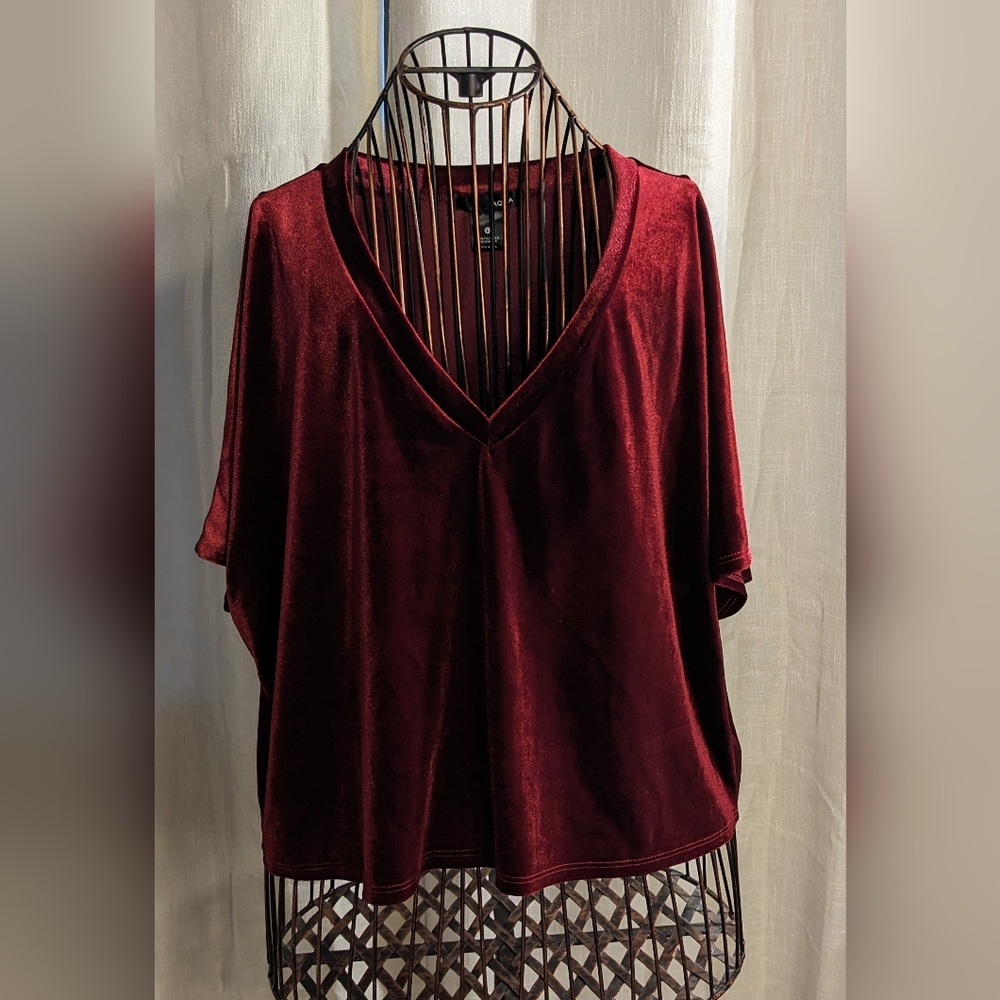 Women's Aqua Wine Christmassy Velour‎ V-neck Top | Size L